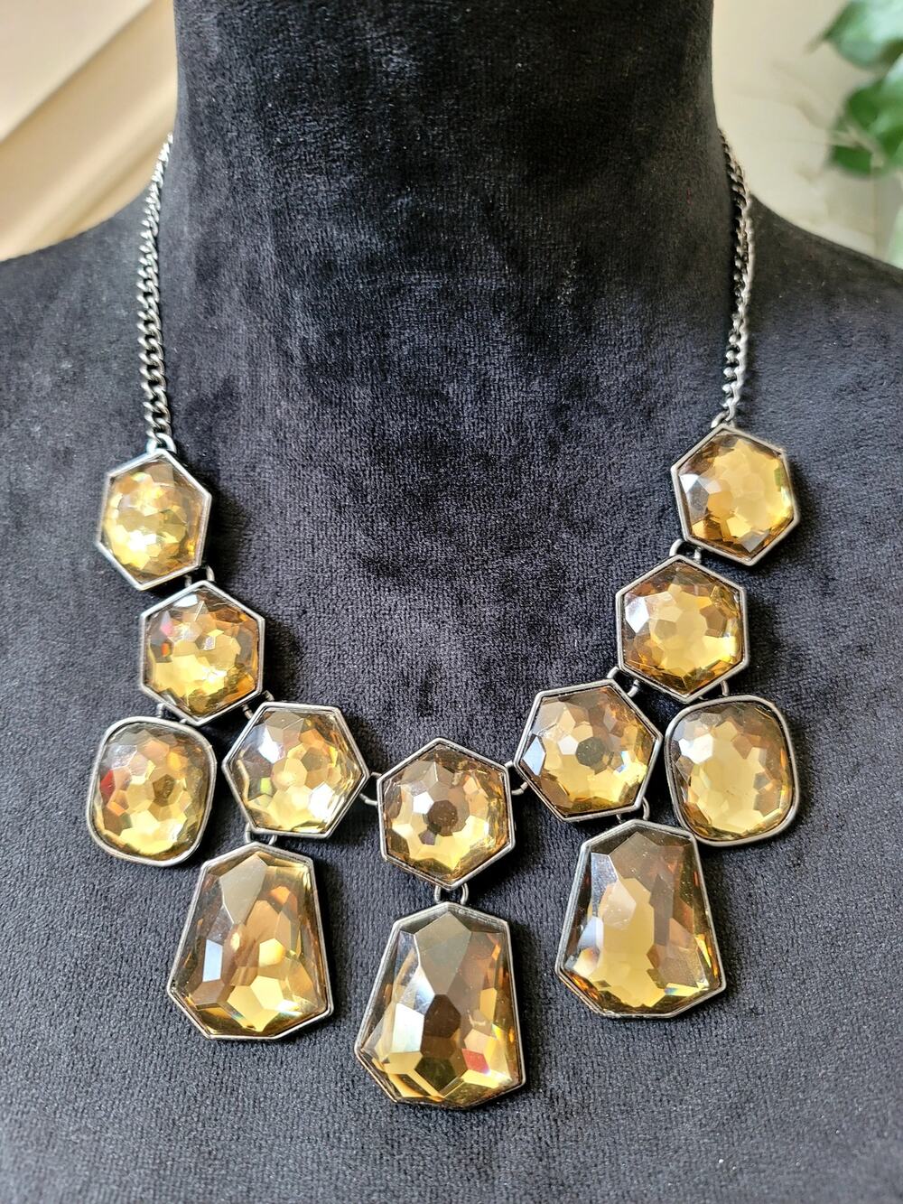 Smoky Topaz Faceted Crystal Bib Necklace Gunmetal Statement Cocktail Jewelry